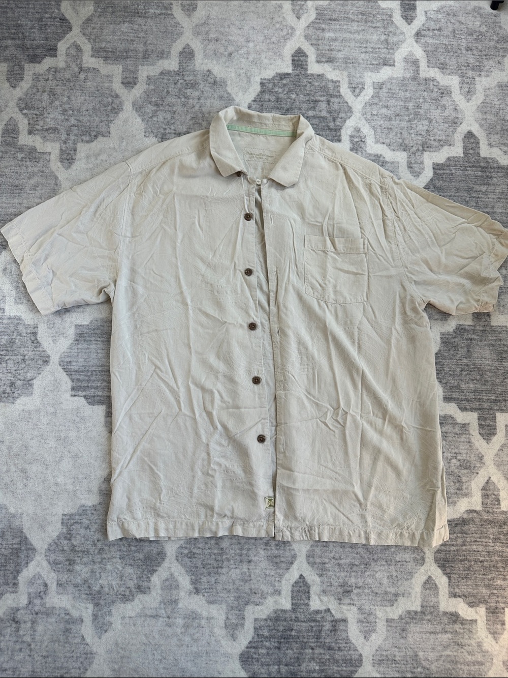 100% silk Large Tommy Bahama Cream Short-Sleeve Button-Down palm embroidered LN